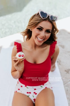 PINK DESERT SWEETY FLUTTER CROP SWIM TOP IN CHERRY RED