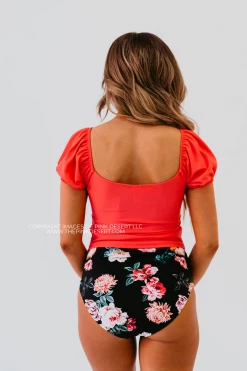 PUFF SLEEVE MIDKINI SWIM TOP IN BISOU RASPBERRY BY PINK DESERT