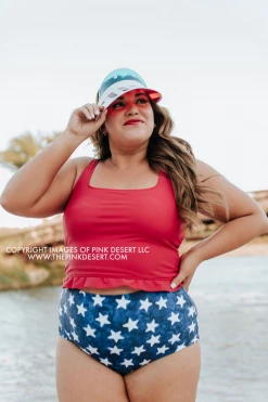 PINK DESERT MINI RUFFLE CROP PEPLUM SWIM TOP IN CHERRY RED