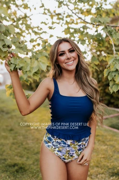 PINK DESERT MINI RUFFLE CROP PEPLUM SWIM TOP IN INDIGO
