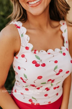 PINK DESERT SCALLOPED MIDKINI SWIM TOP IN CHERRY BOMB