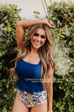 PINK DESERT MINI RUFFLE CROP PEPLUM SWIM TOP IN INDIGO