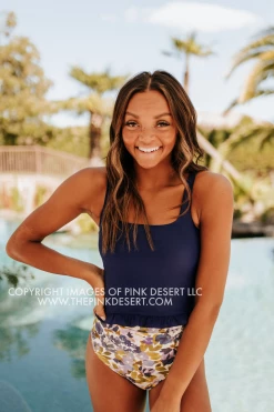 PINK DESERT MINI RUFFLE CROP PEPLUM SWIM TOP IN INDIGO