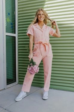 Skies Are Blue THE PALMER TIE WAIST JUMPSUIT IN PEACH TOPS