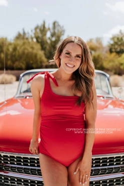 PINK DESERT RUCHED ONE SHOULDER ONE PIECE SWIMSUIT IN CHERRY RED