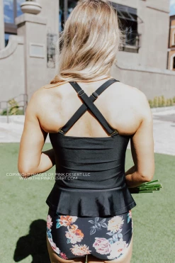 ELEVATED PEPLUM TANKINI IN BLACK BY PINK DESERT