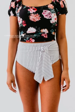 HIGH WAIST TIE FRONT SWIM BOTTOMS IN BONJOUR STRIPE BY PINK DESERT