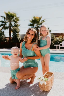 SWIM GIRLS ONE SHOULDER BOW ONE PIECE IN CIAO! POLKA DOTS BY PINK DESERT