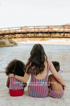 PINK DESERT BOYS EUROPEAN CUT SWIM SHORT IN AMERICANA STRIPE