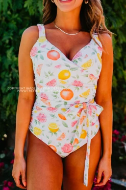 SWIM SARAH WRAP ONE PIECE IN CITRUS BY SASSY RED LIPSTICK X PINK DESERT