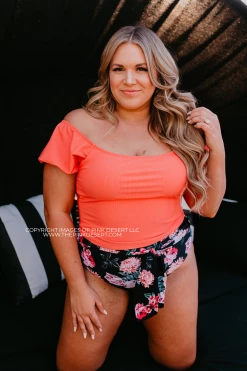 PUFF SLEEVE MIDKINI SWIM TOP IN RIBBED PEACHBERRY BY PINK DESERT