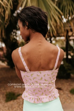 PINK DESERT MINI RUFFLE CROP PEPLUM SWIM TOP IN BUBBLEGUM BANANA