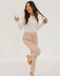 Aaron & Amber THE SHINE BRIGHT SEQUIN JOGGERS IN ROSE CHAMPAGNE BOTTOMS