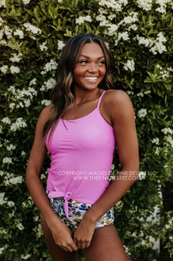 PINK DESERT TIE FRONT BLOUSON TANKINI SWIM TOP IN NEON LILAC