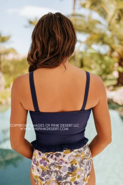 PINK DESERT MINI RUFFLE CROP PEPLUM SWIM TOP IN INDIGO