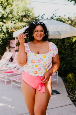 PUFF SLEEVE MIDKINI SWIM TOP IN CITRUS PRINT BY SASSY RED LIPSTICK X PINK DESERT