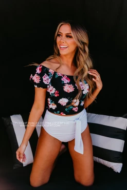 Pink Desert PUFF SLEEVE MIDKINI SWIM TOP IN LE FLEUR BY PINK DESERT