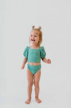 GIRLS PUFF SLEEVE SWIM TOP IN CIAO! POLKA DOT BY PINK DESERT
