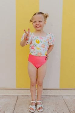 GIRLS PUFF SLEEVE SWIM TOP IN CITRUS PRINT BY SASSY RED LIPSTICK X PINK DESERT