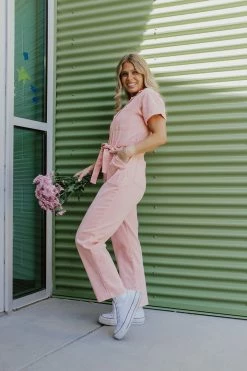 Skies Are Blue THE PALMER TIE WAIST JUMPSUIT IN PEACH TOPS