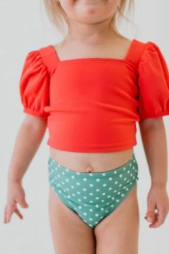 GIRLS PUFF SLEEVE SWIM TOP IN BISOU RASPBERRY BY PINK DESERT