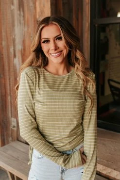 Paper Crane THE OLLY RIBBED STRIPED TOP IN OLIVE