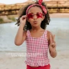 PINK DESERT GIRLS MINI RUFFLE PEPLUM SWIMSUIT SET IN SUMMER GINGHAM AND CHERRY RED