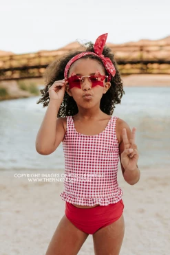 PINK DESERT GIRLS MINI RUFFLE PEPLUM SWIMSUIT SET IN SUMMER GINGHAM AND CHERRY RED