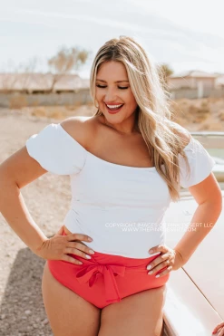 PUFF SLEEVE MIDKINI SWIM TOP IN RIBBED WHITE BY PINK DESERT