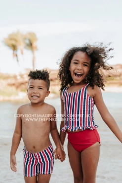 PINK DESERT BOYS EUROPEAN CUT SWIM SHORT IN AMERICANA STRIPE