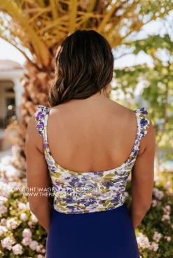 PINK DESERT SWEETY FLUTTER CROP SWIM TOP IN WILD LAVENDER