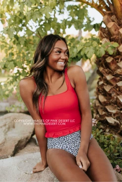 PINK DESERT MINI RUFFLE CROP PEPLUM SWIM TOP IN CHERRY RED