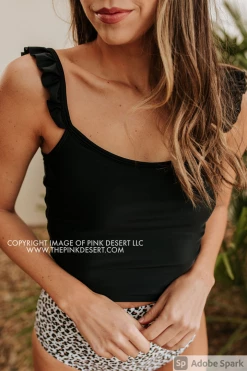 PINK DESERT SWEETY FLUTTER CROP SWIM TOP IN BLACK 11 PINK DESERT SWEETY FLUTTER CROP SWIM TOP IN BLACK