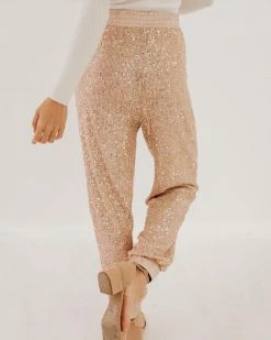 Aaron & Amber THE SHINE BRIGHT SEQUIN JOGGERS IN ROSE CHAMPAGNE BOTTOMS