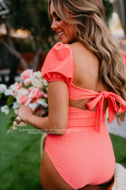 PUFF SLEEVE ONE PIECE IN RIBBED PEACHBERRY BY PINK DESERT