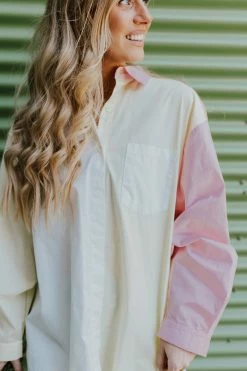 In The Beginning THE JAKE BUTTON DOWN TOP IN COLORBLOCK TOPS