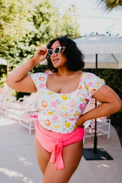 PUFF SLEEVE MIDKINI SWIM TOP IN CITRUS PRINT BY SASSY RED LIPSTICK X PINK DESERT