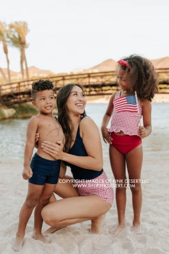 PINK DESERT GIRLS MINI RUFFLE PEPLUM SWIMSUIT SET IN SUMMER GINGHAM AND CHERRY RED