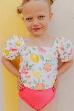 GIRLS PUFF SLEEVE SWIM TOP IN CITRUS PRINT BY SASSY RED LIPSTICK X PINK DESERT