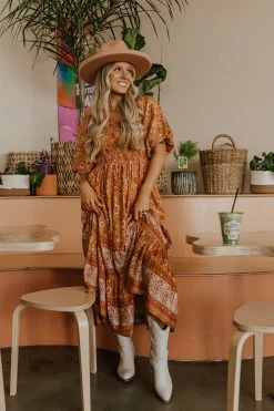 Easel THE SEDONA SMOCKED MIDI DRESS IN BURNT ORANGE