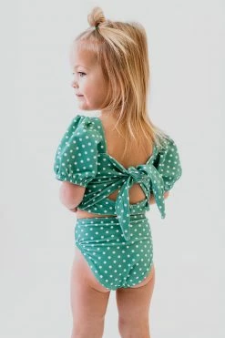 GIRLS PUFF SLEEVE SWIM TOP IN CIAO! POLKA DOT BY PINK DESERT
