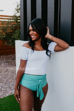 PUFF SLEEVE MIDKINI SWIM TOP IN RIBBED WHITE BY PINK DESERT