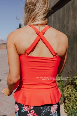 SWIM ELEVATED PEPLUM TANKINI IN BISOU RASPBERRY BY PINK DESERT