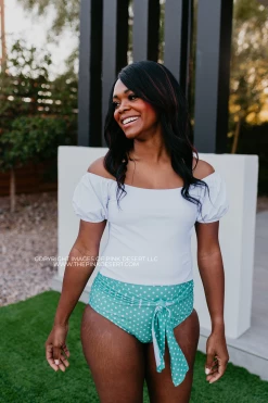 PUFF SLEEVE MIDKINI SWIM TOP IN RIBBED WHITE BY PINK DESERT