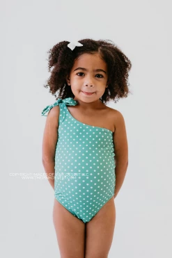 SWIM GIRLS ONE SHOULDER BOW ONE PIECE IN CIAO! POLKA DOTS BY PINK DESERT