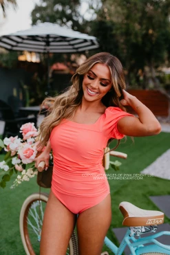 PUFF SLEEVE ONE PIECE IN RIBBED PEACHBERRY BY PINK DESERT