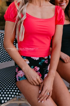 PUFF SLEEVE MIDKINI SWIM TOP IN BISOU RASPBERRY BY PINK DESERT