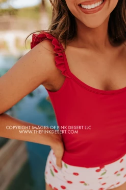 PINK DESERT SWEETY FLUTTER CROP SWIM TOP IN CHERRY RED