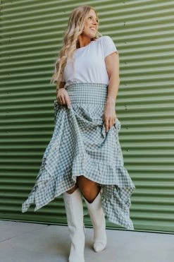 Ces Femme THE GEORGINA SMOCKED GINGHAM SKIRT IN BLUE SAGE