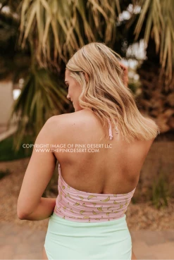 PINK DESERT HALTER MIDKINI SWIM TOP IN BUBBLEGUM BANANA